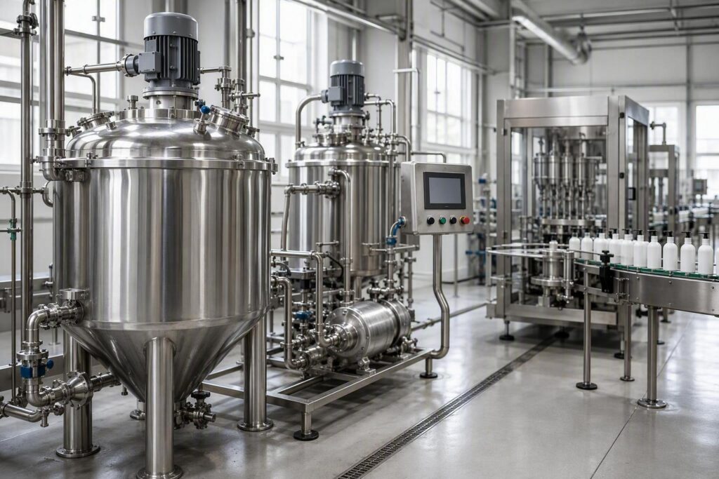 Automated liquid soap production line with stainless steel mixing vessels, sanitary piping, and PLC control panel