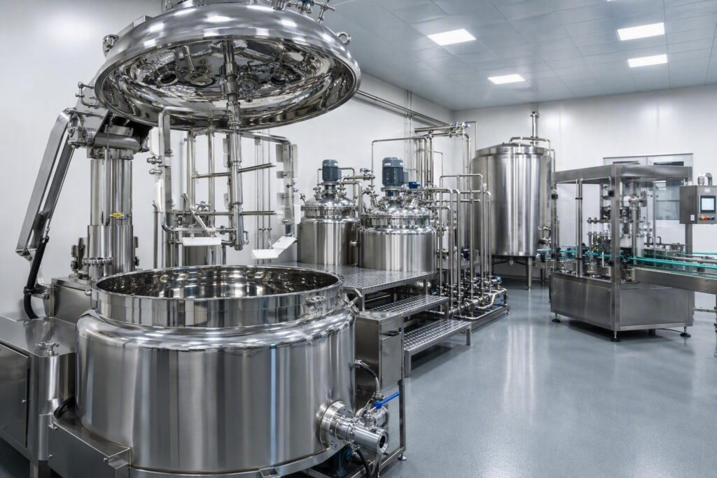 Stainless steel vacuum emulsifying mixer, phase vessels, and filling equipment laid out as a cosmetic production line in a clean manufacturing facility