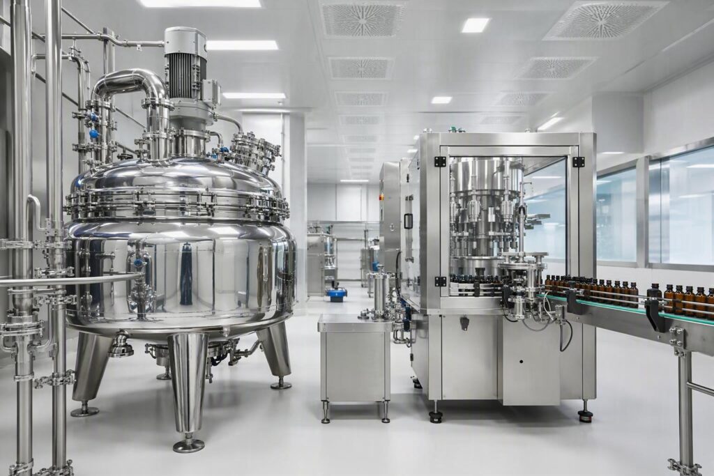 A stainless steel vacuum emulsifying vessel and automatic filling station inside a GMP cleanroom, illustrating a customized pharmaceutical production line